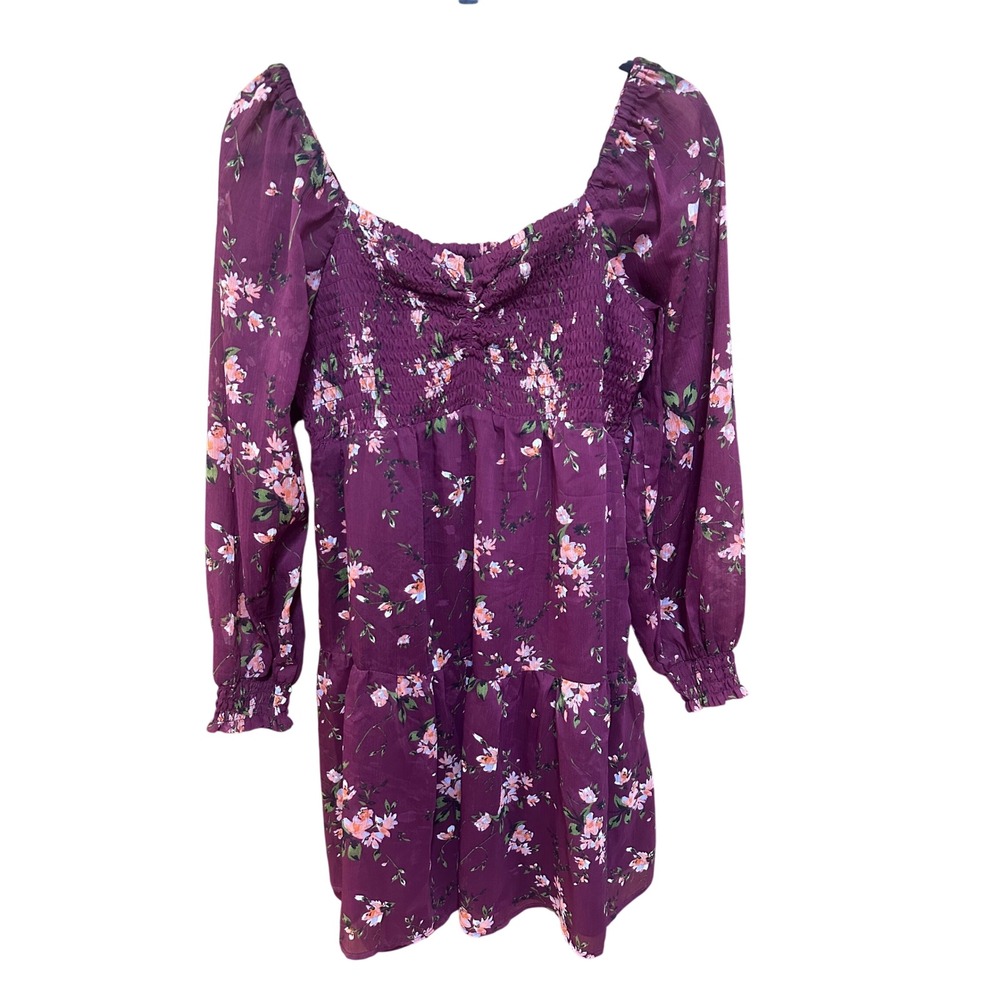 Maurices Womens Floral Smocked Mini Dress Wine Burgundy ‎ Long Sleeve Size M